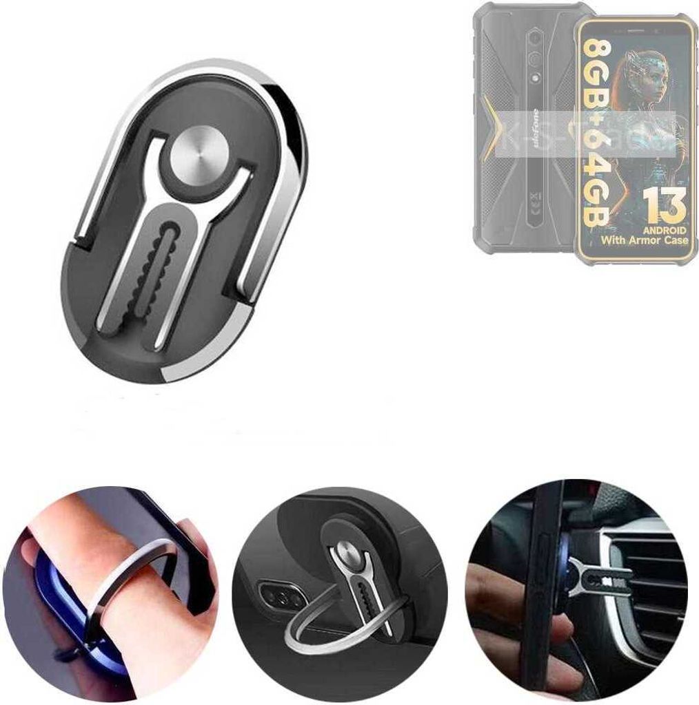 K-S-Trade 3in1 Smartphone-Ring Handy-Ring kompatibel mit Ulefone Armor X12 Pro Fingerhalterung Handyring Tischständer Lüftungsgitter-Halterung