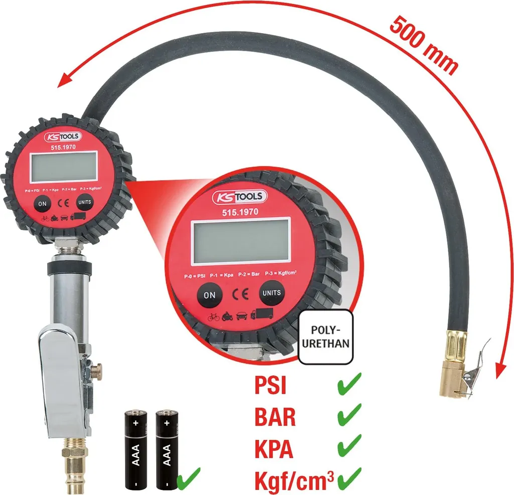 KS Tools Misuratore digitale di gonfiaggio pneumatici ad aria compressa, 0-14bar