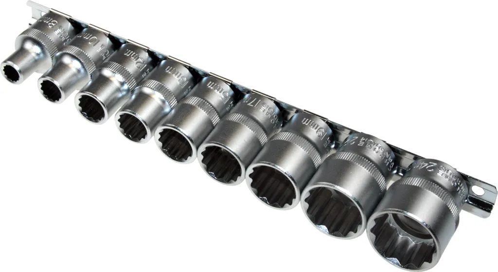 Douilles 12 Pans Multi-Dents XZN 8-24 mm en Acier CV-S sur Rail, 9 pcs