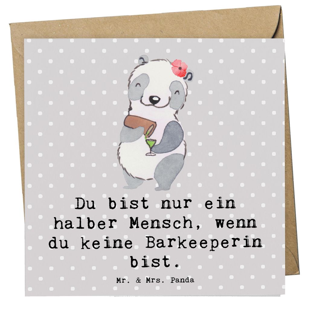 Mr. & Mrs. Panda Glückwunschkarte Barkeeperin Herz - Grau Pastell - Geschenk, faltkarte, Ausbildung, Kurs, Grußkarte, anlasskarte, doppelkarte, K...
