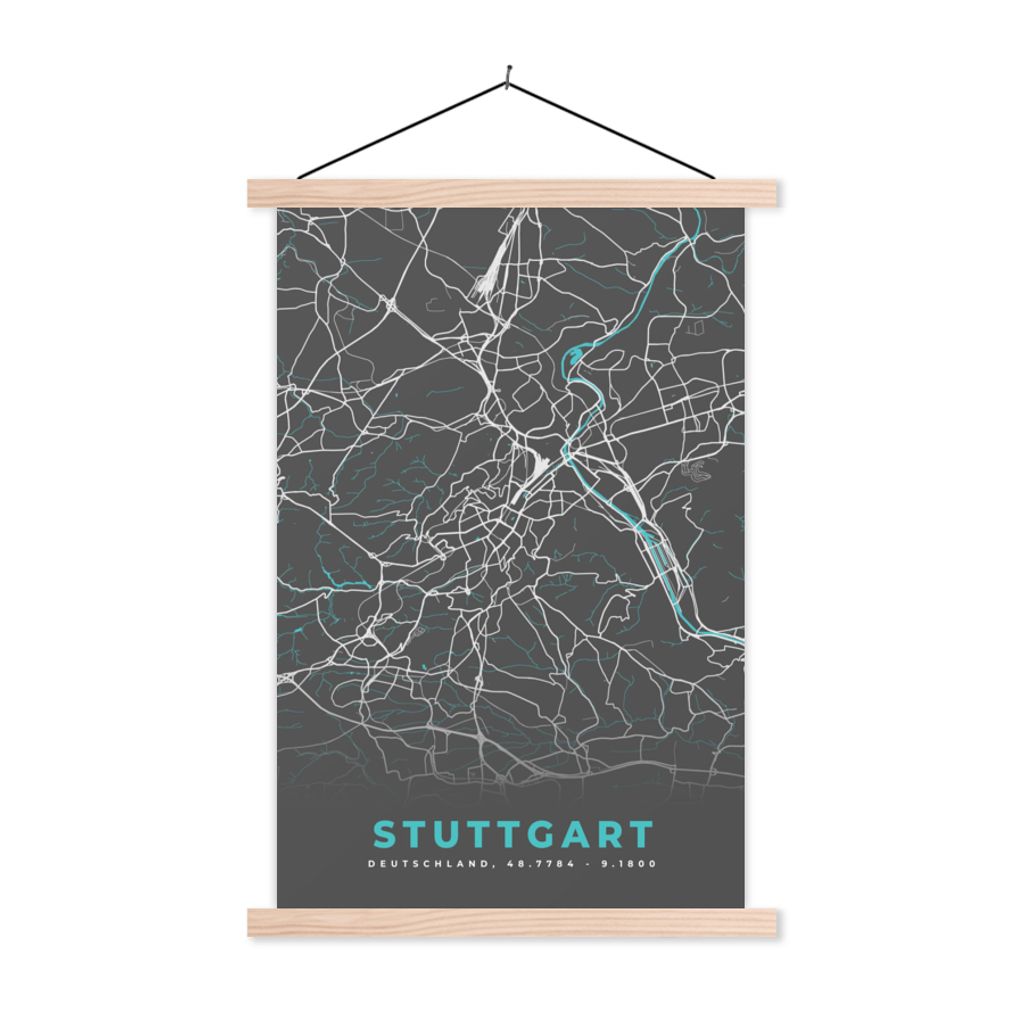 MuchoWow Textilposter Karte - Stuttgart - Blau - Stadtplan - Deutschland 40x60 cm mit holzfarbenen Rahmen - Poster