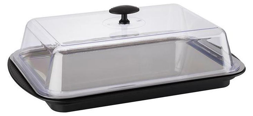 A product shot of a butter dish with a clear lid and black base.