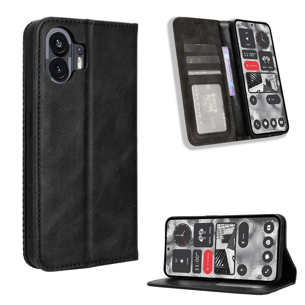 Für Nothing Phone 2 Book Wallet Tasche Kunst-Leder Hülle Retro Textur Schwarz