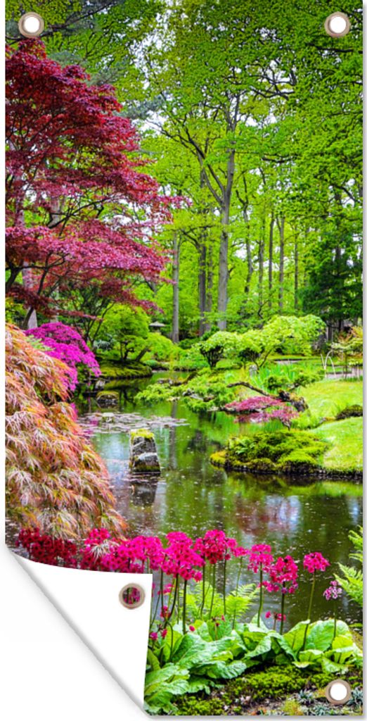 MuchoWow 40x80 cm Outdoor-Poster Gartendeko Sichtschutz Garten Poster für den Garten Bäume - Blumen - Japanisch - Natur - Wasser