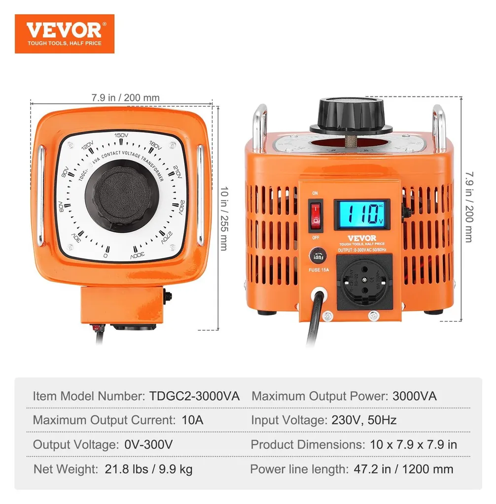 Transformateur de tension variable 3000VA 10A - Régulateur 0-300V LCD