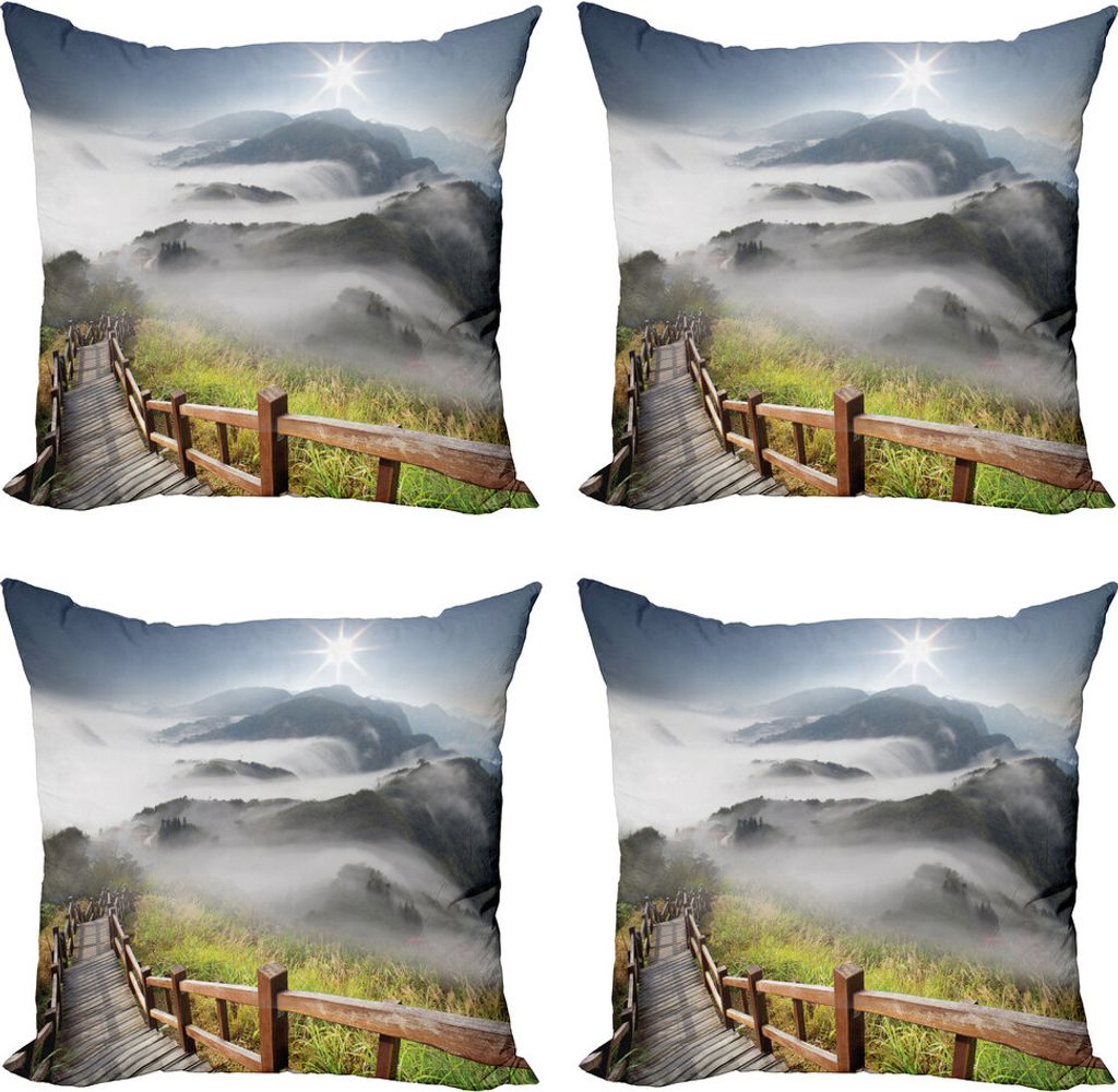 ABAKUHAUS dunstig Kissenbezug Set (4 Stück), Landschaft Berge und Pier, Moderner Doppelseitiger Digitaldruck, 50 cm x 50 cm, Mehrfarbig