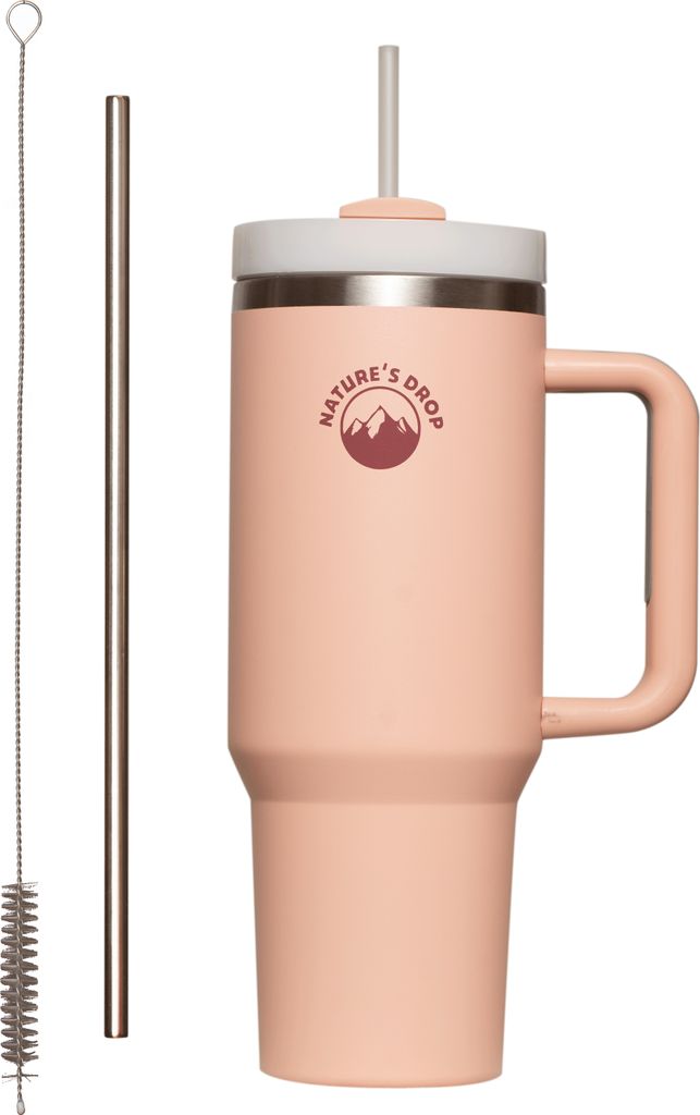 Quencher Tumbler 40oz Thermobecher in Rosa mit Strohhalm und Henkel, 1180 ML Doppelwandiger Edelstahl Heiße Kalte Getränke Vakuum.