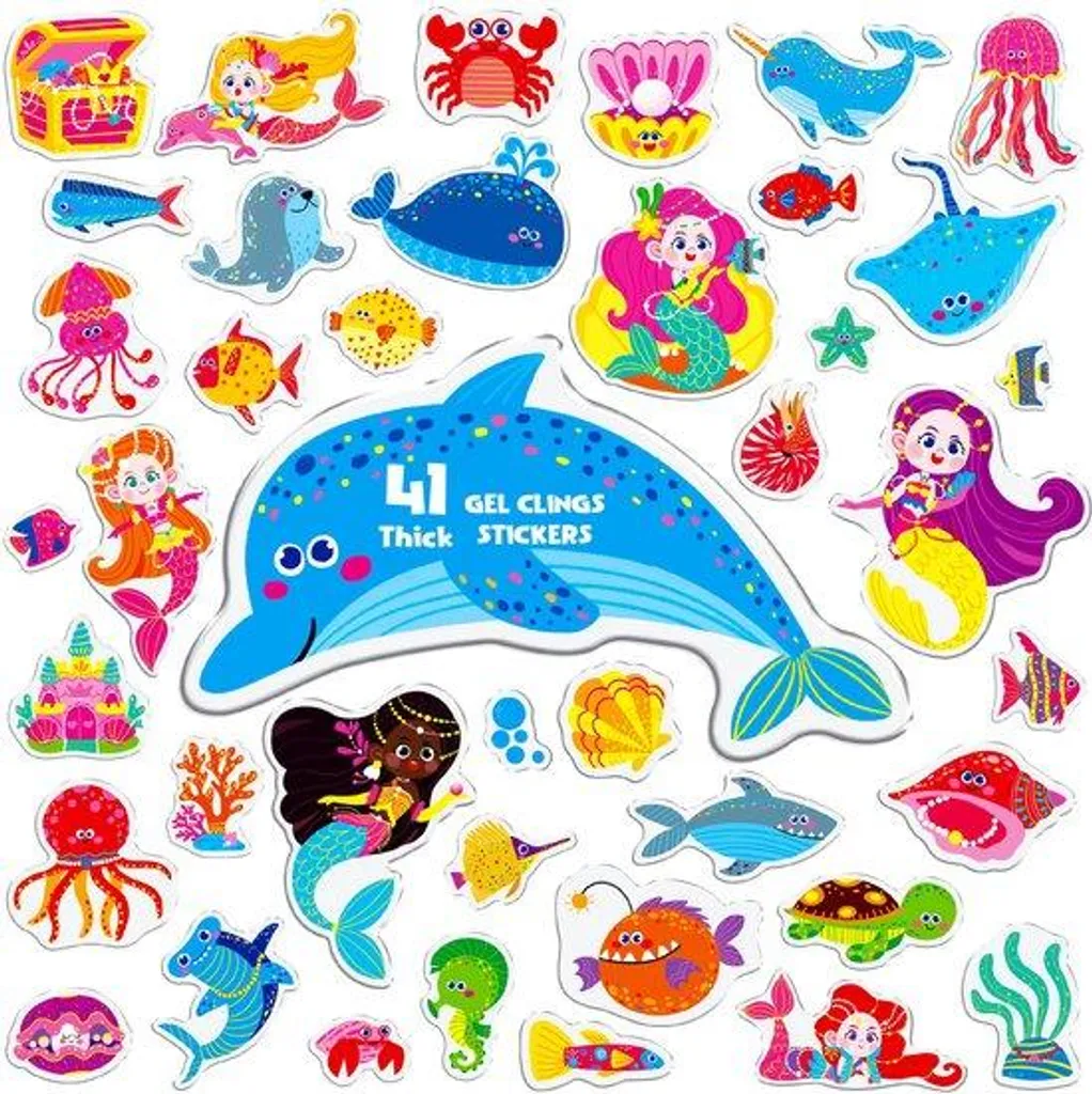 Stickers Vitrail en Gel pour Enfants Thème Océan et Phoques - 41 Pièces