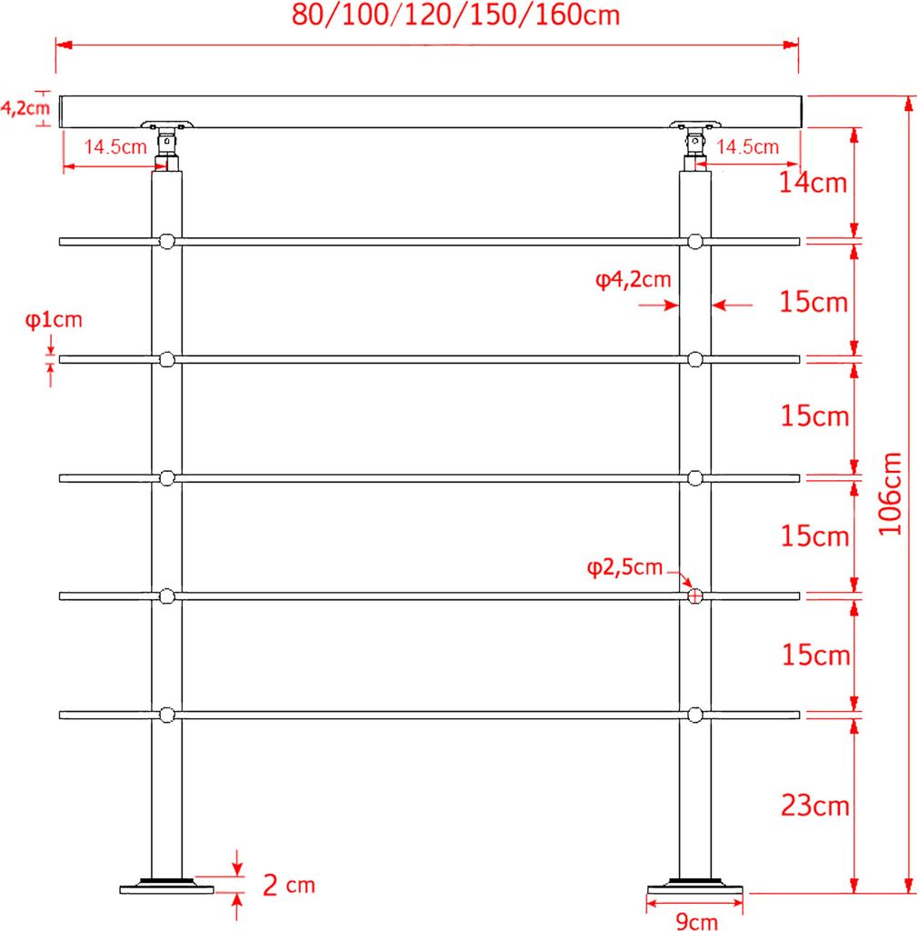 Treppengeländer Edelstahl 5 Querstäbe 180cm Brüstung Handlauf Geländer Treppe