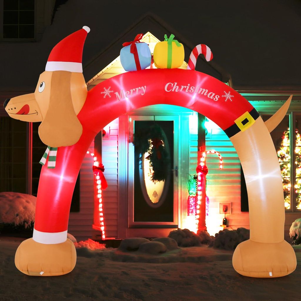 GOPLUS 240 cm aufblasbarer Weihnachtsbogen, Christmas Inflatable Archway mit Dackel und Geschenkboxen LED-Lichtern, Weihnachtsdeko für Garten & Rasen