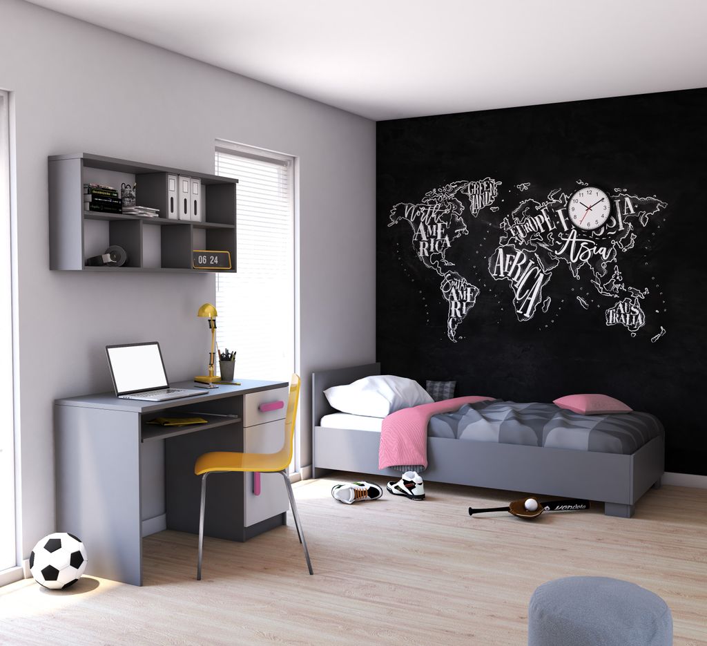 Kinderzimmer-Set Bett, Wandregal, Schreibtisch Grau/Weiß mit rosa Griffe ohne Matratze JONAS V3