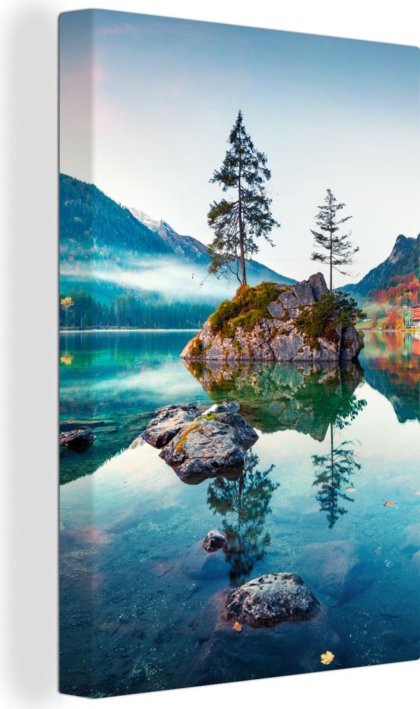 MuchoWow - Leinwandbilder - Berge - See - Bäume - Natur - Wasser, Wandbild, Wanddeko Bilder Wohnzimmer, 60x90 cm