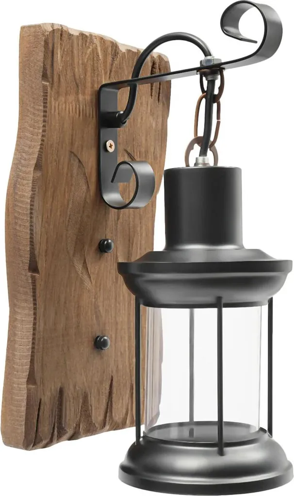 Lanterna Industriale da Parete - Applique Retro Legno e Vetro Nero E27
