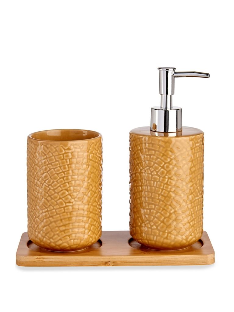 Arte Regal | Badezimmerzubehör - Badausstattung Set - Badezimmer Set - 3er Set - orange - Zahnputzbecher - Seifenspender - Untersetzer - Badezimmer