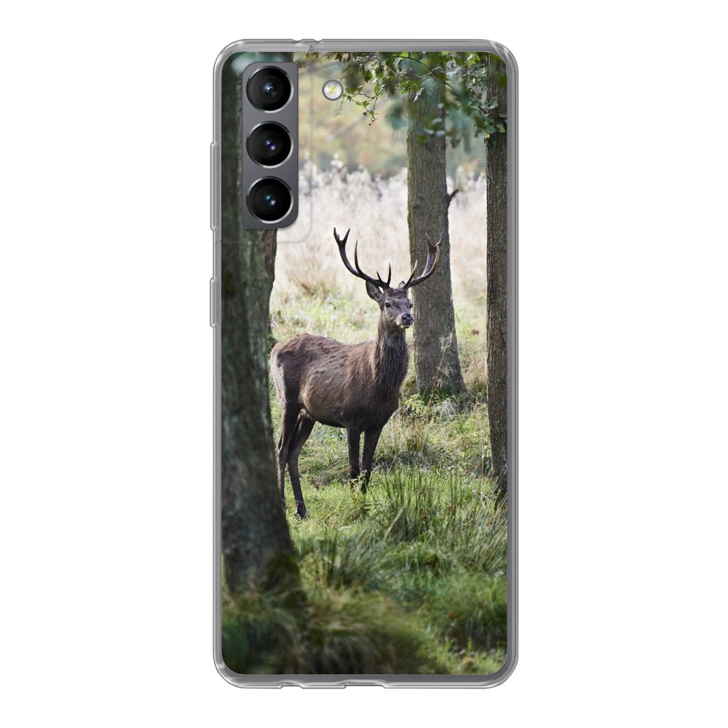 MuchoWow Handyhülle Schutzhülle Hülle für Samsung Galaxy S21 Hirsche - Bäume - Gras Silikon Softcase Handy Hülle - Softcase