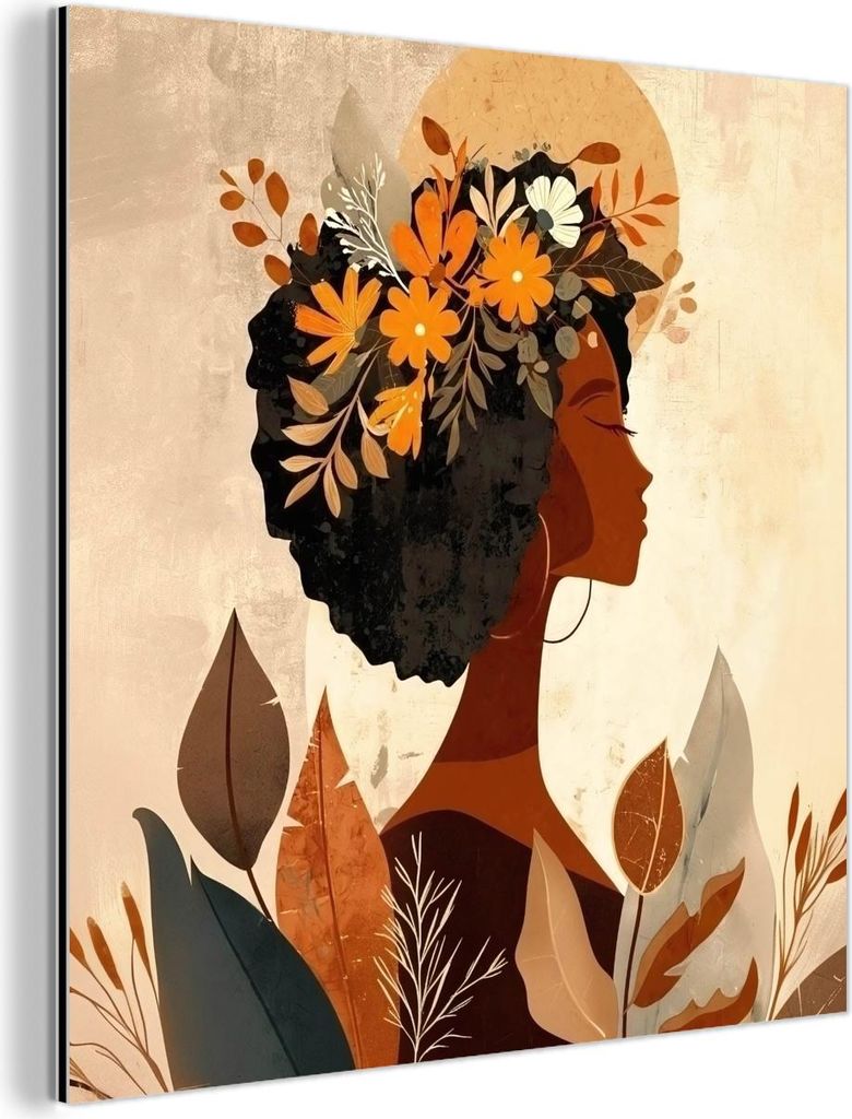 MuchoWow Wanddekoration Metall Metallbild Wandkunst 50x50 cm Frau - Locken - Blumen - Beige MuchoWow Aluminium Gemälde - Alubild - Industrial