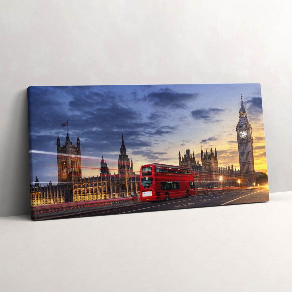 Roter Bus in London – Leinwandbild Wandbild – 140x70 cm – Leinwandbilder – Wandbilder – Schlafzimmer – Flur