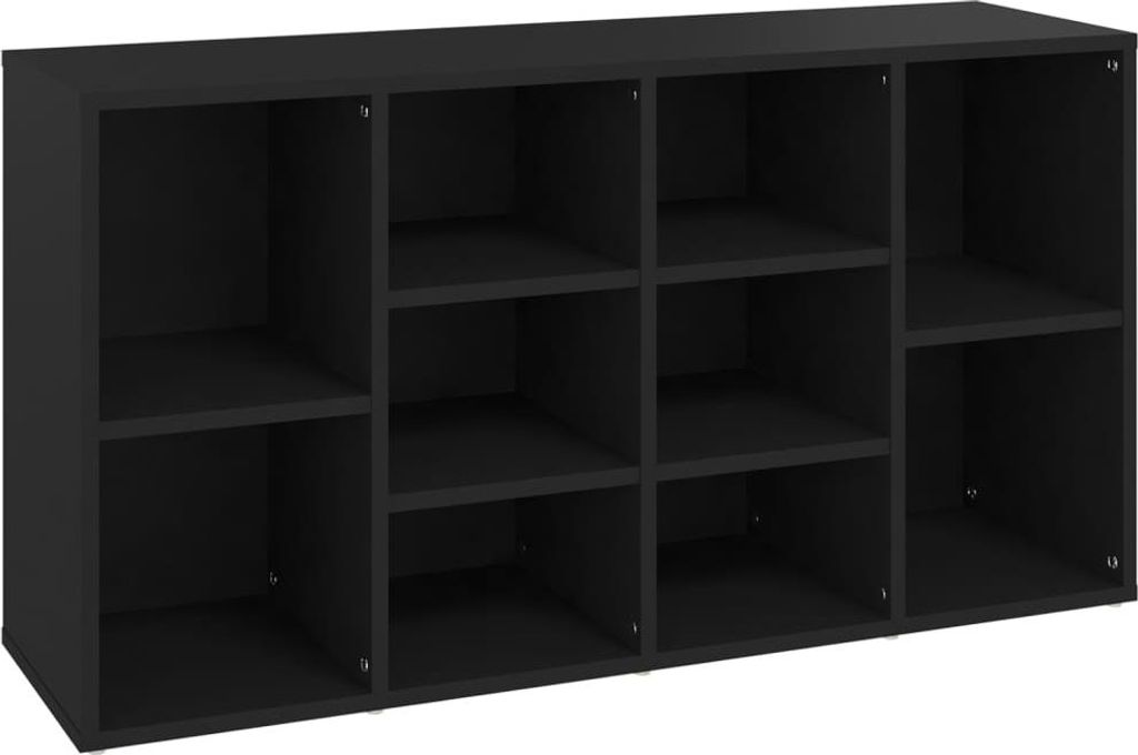 A black shoe cabinet with multiple compartments, shown from a front-facing angle against a white background.