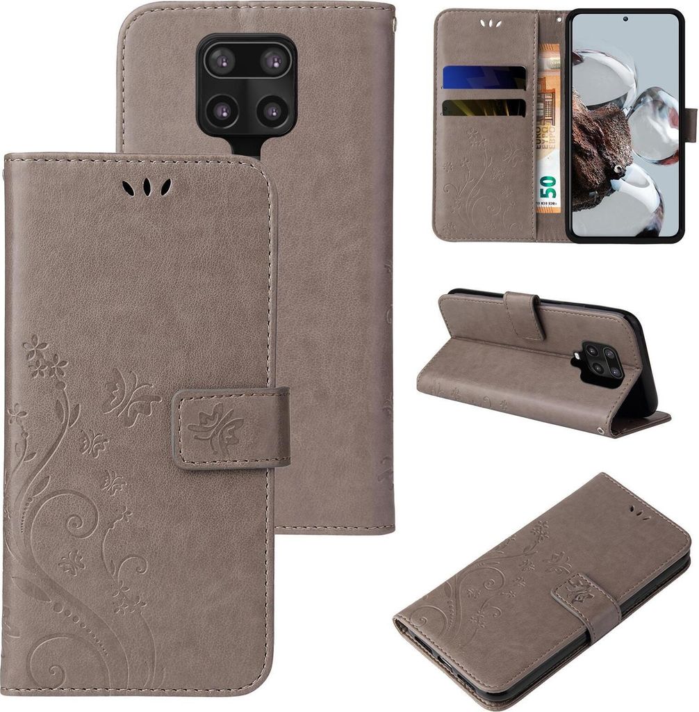 Handyhülle für Xiaomi Redmi Note 9 Pro Floral Blumen Schmetterling Flip Cover Hülle Case Klapphülle Handytasche Farbe: Grau