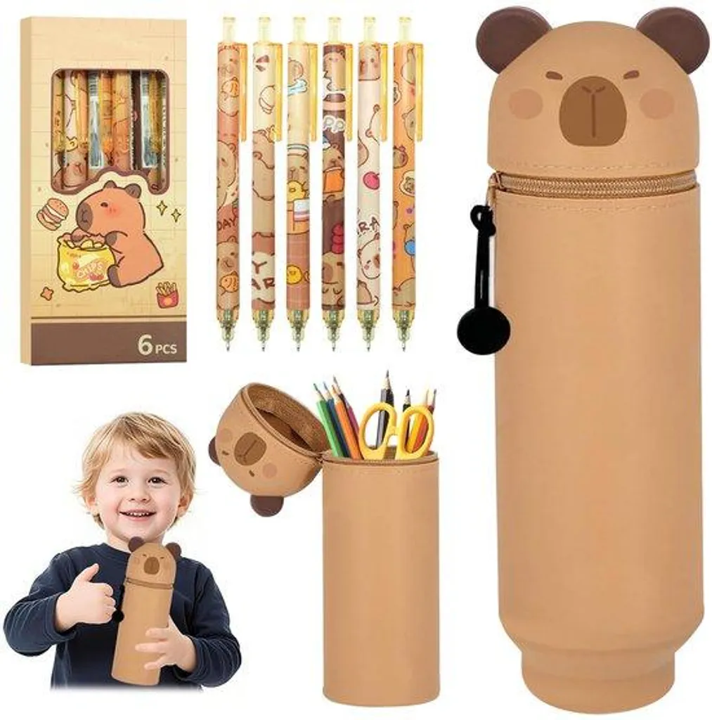 Trousse à stylos en silicone souple comprenant 6 feutres fins kawaii