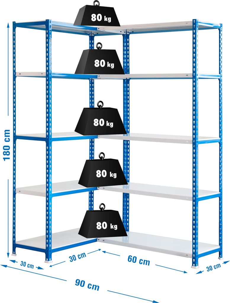 PROREGAL Eckregal METAL SHARK | HxBxT 180x90x30cm | Fachlast 80kg | Blau