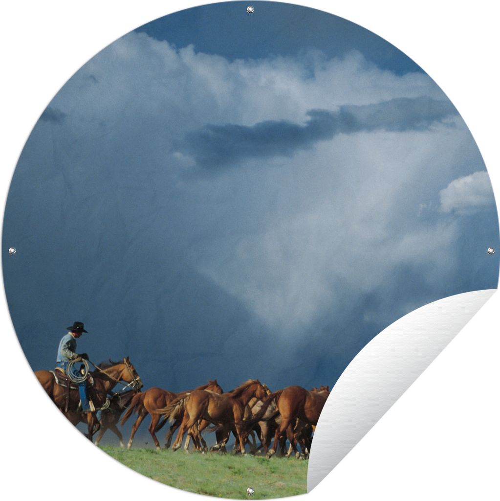 MuchoWow Gartenposter Outdoor-Poster Rund Pferde - Cowboy - Luft Ø 150 cm Gartendeko Rundes Poster draußen