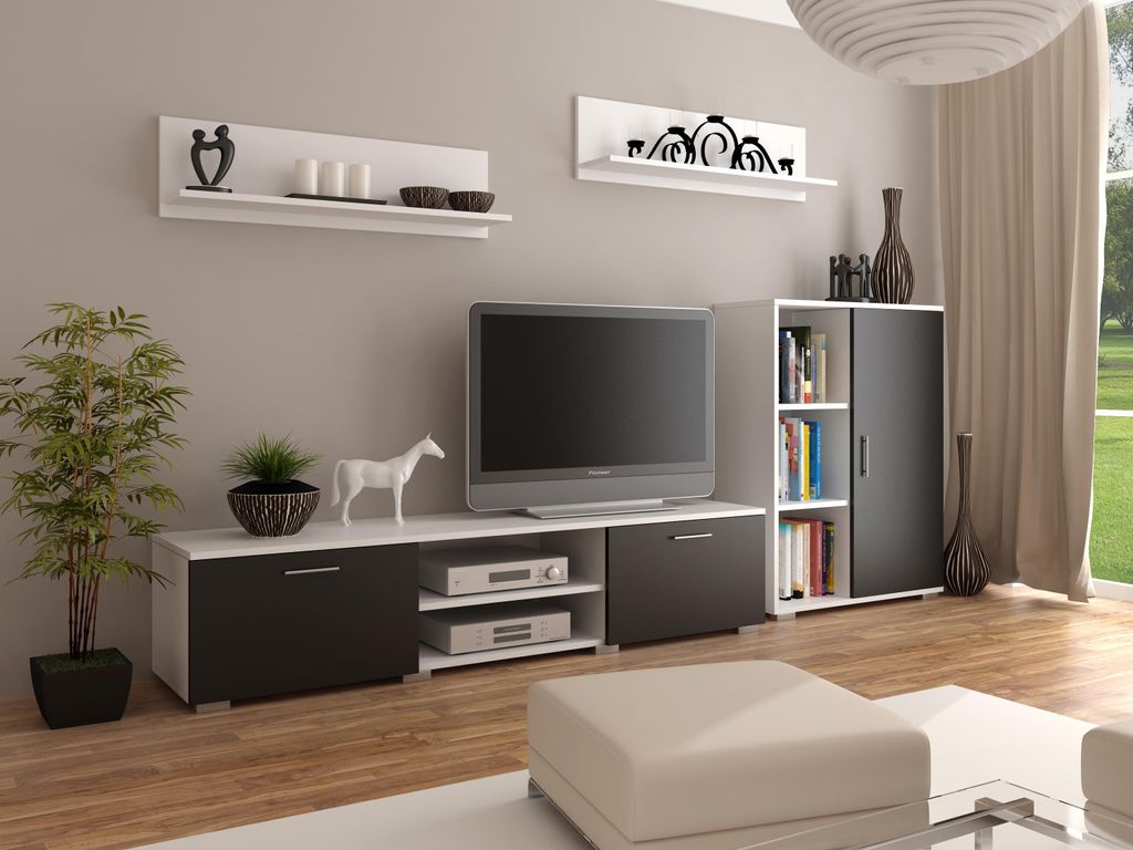 Wohnwand Szopen Per La Vita, Modern Schrankwand, Wohnzimmerschrank mit Fernsehtisch Sideboard und Wandregal, Weiß/Schwarz