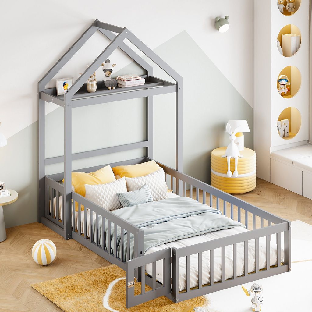 Odikalo Kinderbett Bettgestell 90x200cm Massivholz Stauraum Schutzgitter Dachform Grau