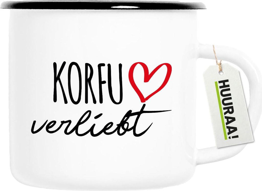 Huuraa Emaille Tasse Korfu verliebt 300ml Vintage Campingbecher Geschenkidee