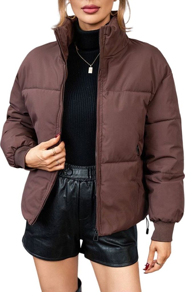 ASKSA Damen Crop Daunenjacke Warm Gesteppte Winterjacke Leichte Casual Winter Mantel Jacke Outdoorjacke, Kaffee, M