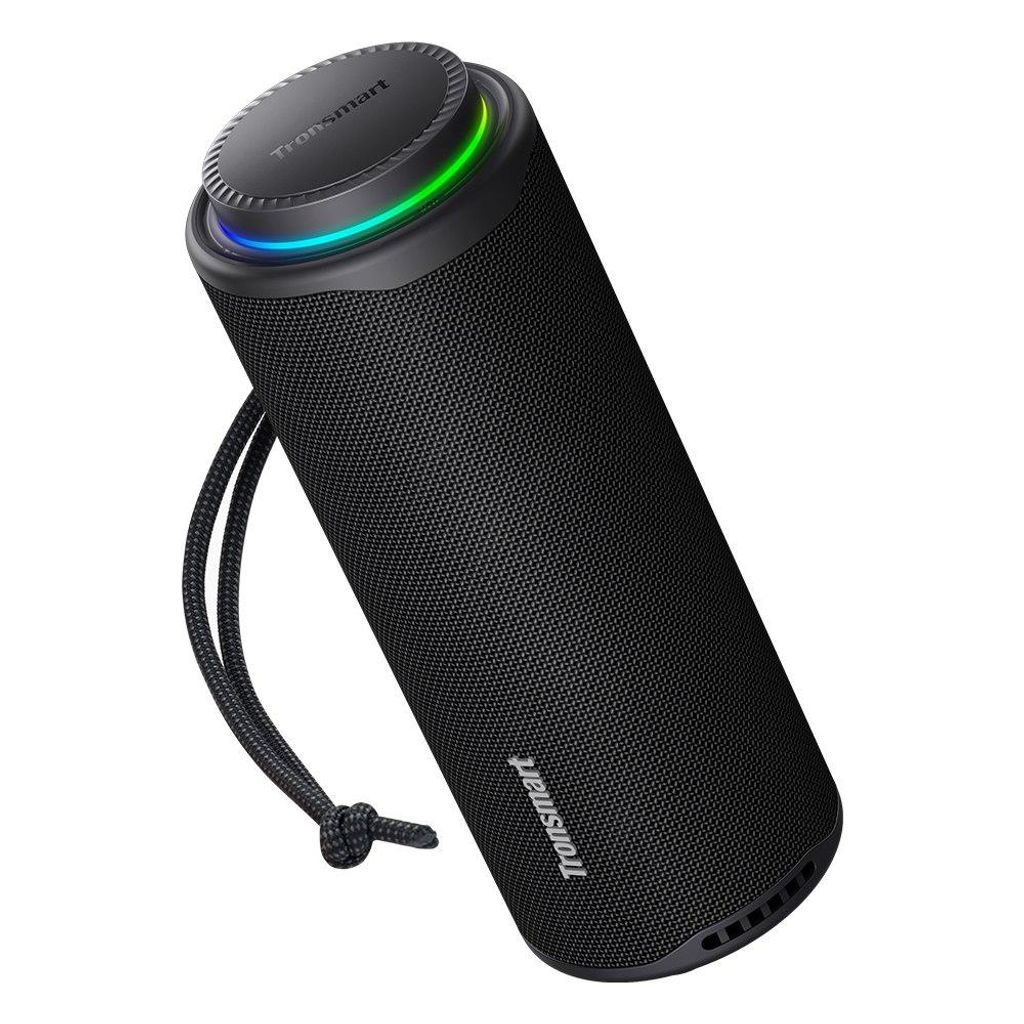 A black Tronsmart T8 outdoor speaker is shown against a white background. The speaker has a textured surface and a glowing LED ring around the top. A black cord is attached to the side.