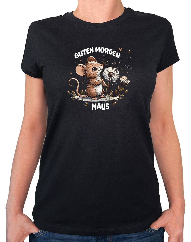 Huuraa Damen T-Shirt Guten Morgen Maus L Black Bio Baumwolle Fairtrade Damenshirt Geschenkidee