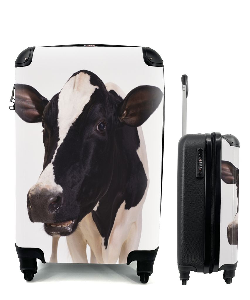 MuchoWow Koffer Handgepäck Trolley Rollkoffer Kleine Reisekoffer mit 4 Rollen - Kuh - Weiß - Tiere - Schwarz - Cabin Size < 55x40x23 cm & 55x40...
