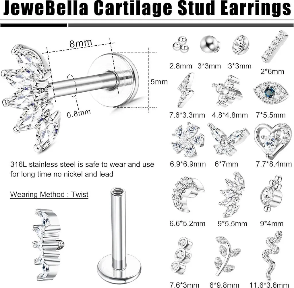 Yolev Set Di 8 Piercing Helix E Tragus In Acciaio Medicale 16g | Con Opale E Zirconi, A Forma Di Foglia E Fiore, Per Donna - 3