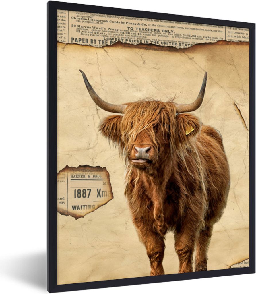 MuchoWow Gerahmtes Poster Schottischer Highlander - Pergament - Retro 30x40 cm - Poster mit Schwarzem Bilderrahmen Wandposter Rahmen Foto Bilder ...