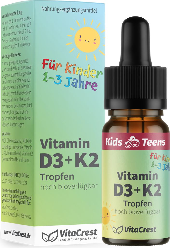 Vitamin D3 K2 Tropfen für Kleinkinder ab 1 Jahr – DEUTSCHES PRODUKT – Frei von Zusätzen & 100% Vegetarisch – Vitamin D für Kinder Vitamine