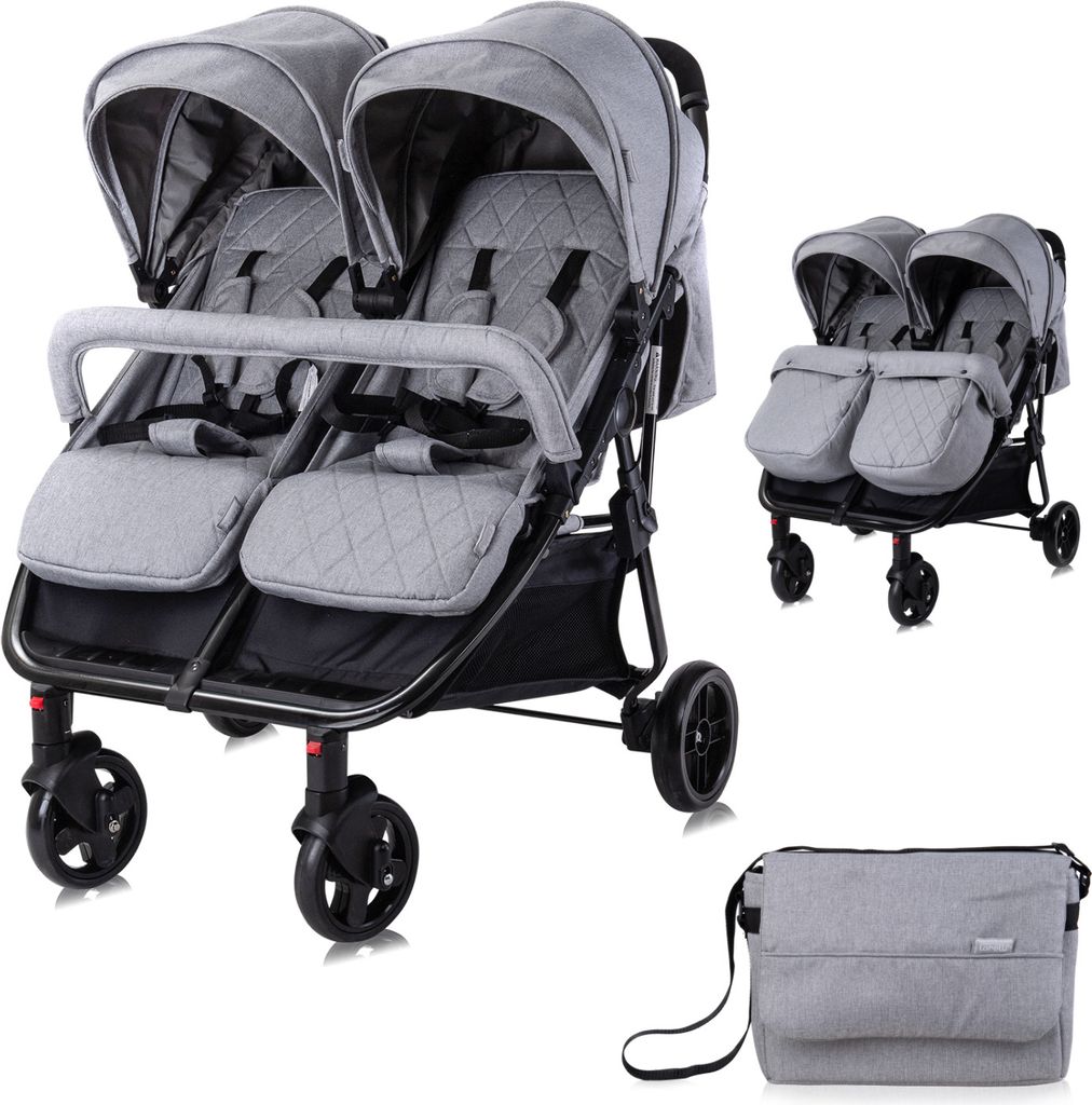 Lorelli Zwillingskinderwagen Duo, Zwillingsbuggy leicht und kompakt, Zwillingswagen, Kinderwagen für 2 Kinder, Buggy für Zwillinge, Grau