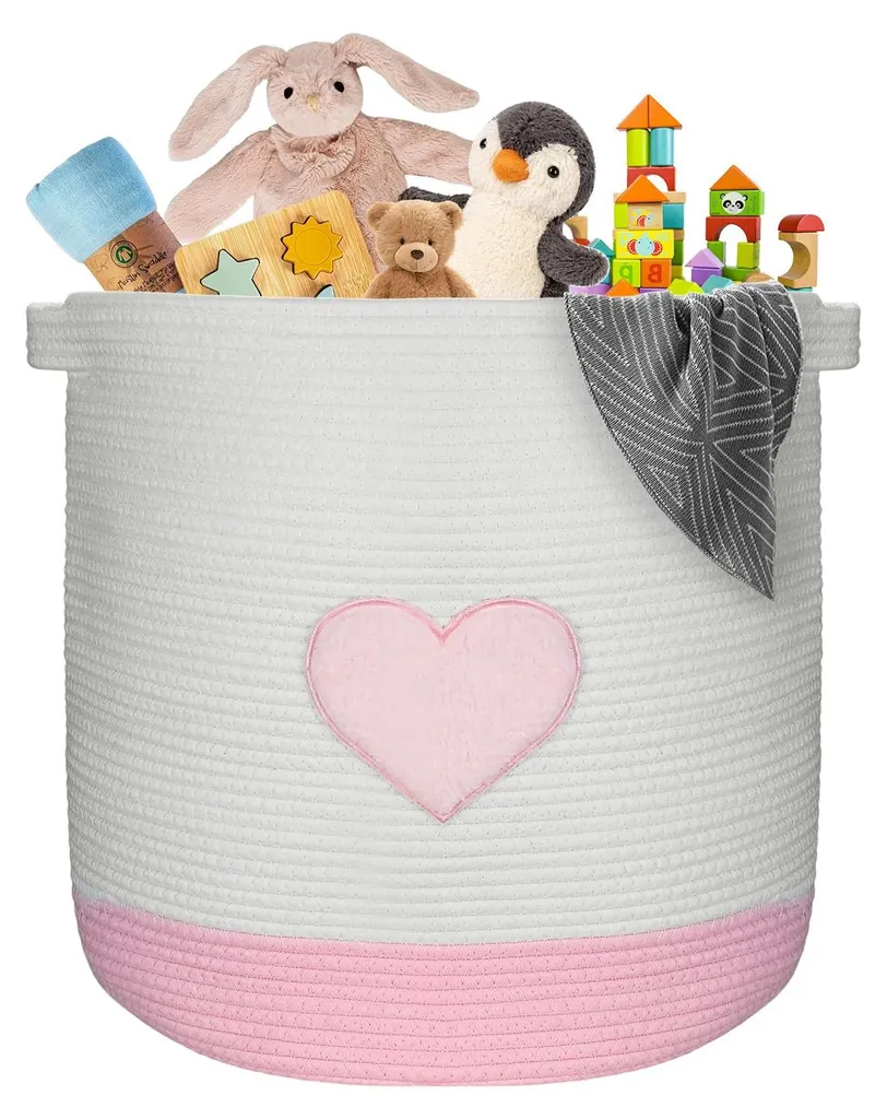 Grand Panier de Rangement Tressé en Corde de Coton Rose pour Bébé 45L