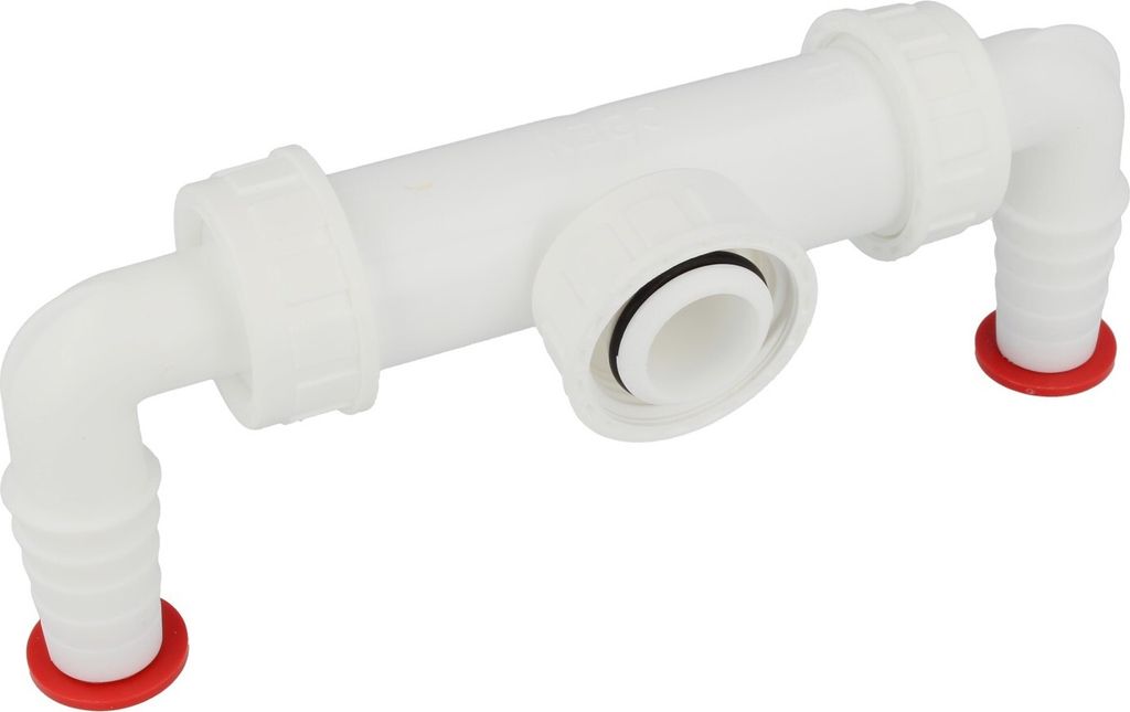 A white plastic plumbing fitting with two barbed hose connectors and a central threaded connection.