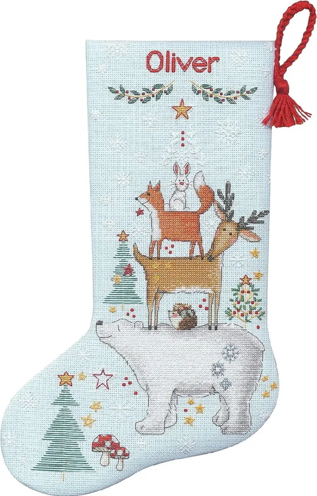 Broderie Noël Point de Croix : Kit Chaussette Forêt à Personnaliser