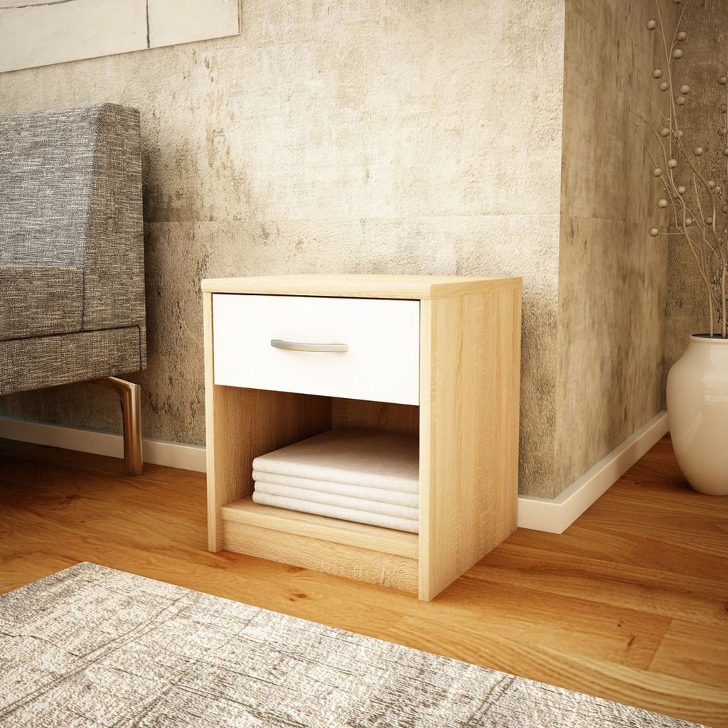 Kommode mit 1 Schublade Nachttisch schmal mit matter Oberfläche 39 cm breit abgerundete Kanten und geräumiger Stauraum sonoma weiß