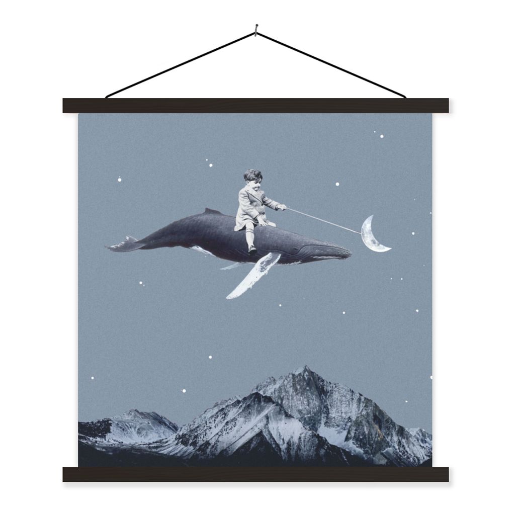 MuchoWow Textilposter Weltraum - Junge - Mond - Wal 60x60 cm mit schwarzem Rahmen - Posteraufhänger
