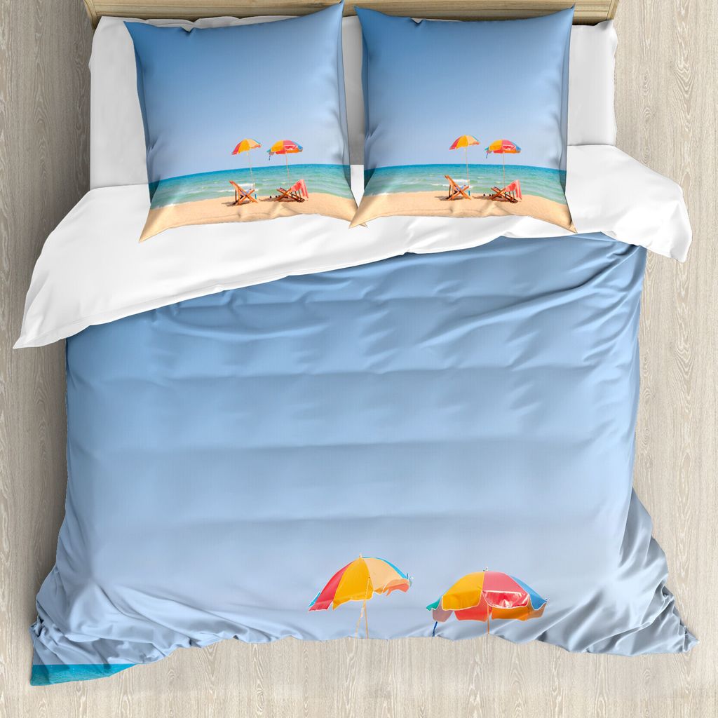 ABAKUHAUS Strand Bettbezug, Stuhl Regenschirm Relaxing, Milbensicher Allergiker geeignet mit Kissenbezügen, 155 cm x 220 cm - 80 x 80 cm, Türkis ...
