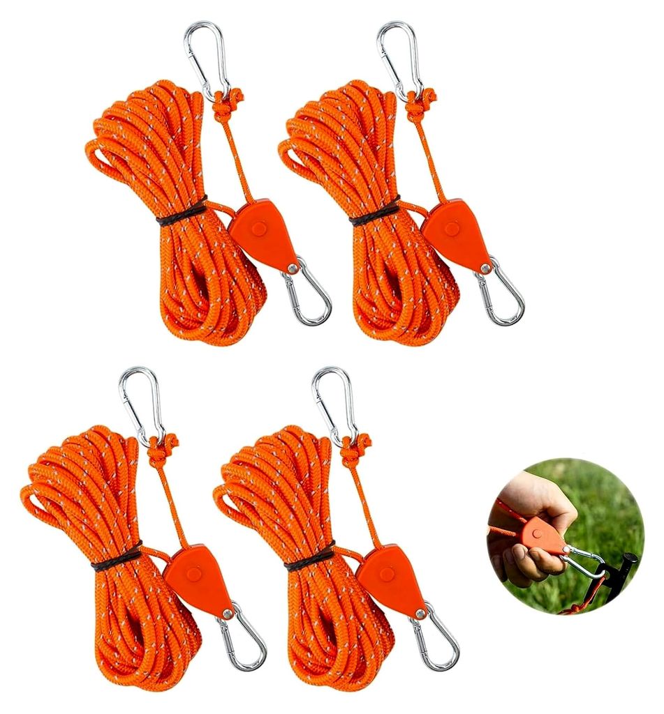 4 Stück Abspannseile mit Seilspanner 4m, Einstellbare Seilratsche mit Haken, Reflektierende Abspannseile, 4mm Leichte Abspannleine für Windfeste ...