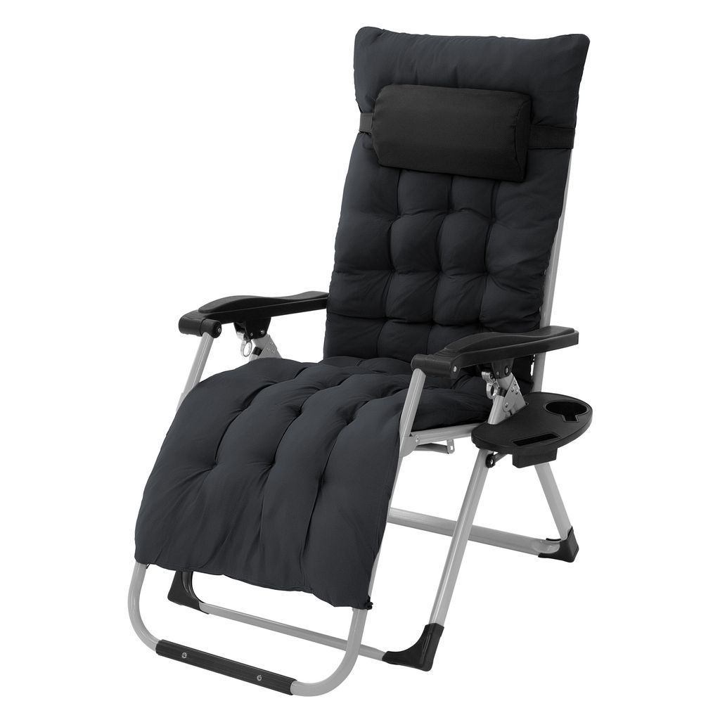 A black reclining chair with a padded cushion and headrest is shown against a white background.