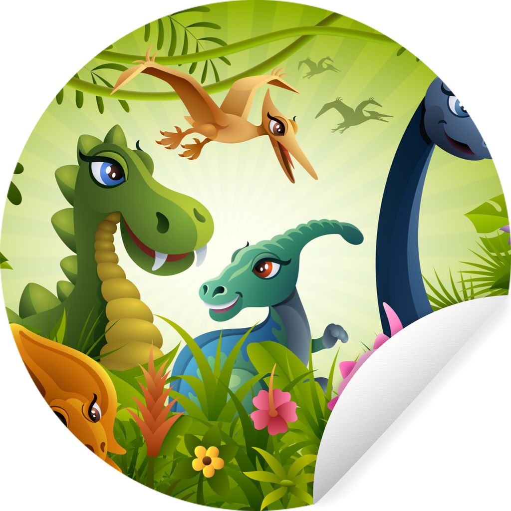 MuchoWow Runde Wandtattoo - Wandsticker Tapete Aufkleber Dinosaurier - Tiere - Dschungel - Illustration - Baby - Jungen - Mädchen - Kinder Ø 80...