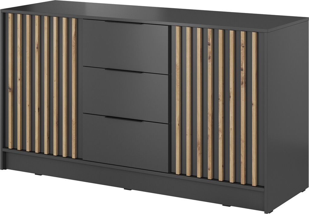 A dark gray sideboard with wooden slatted accents.