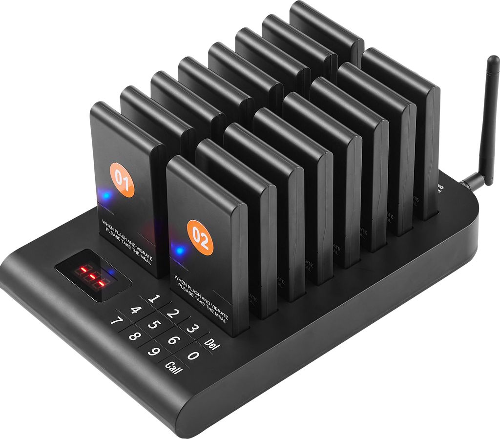 A black restaurant pager system with multiple pagers docked on a charging base.