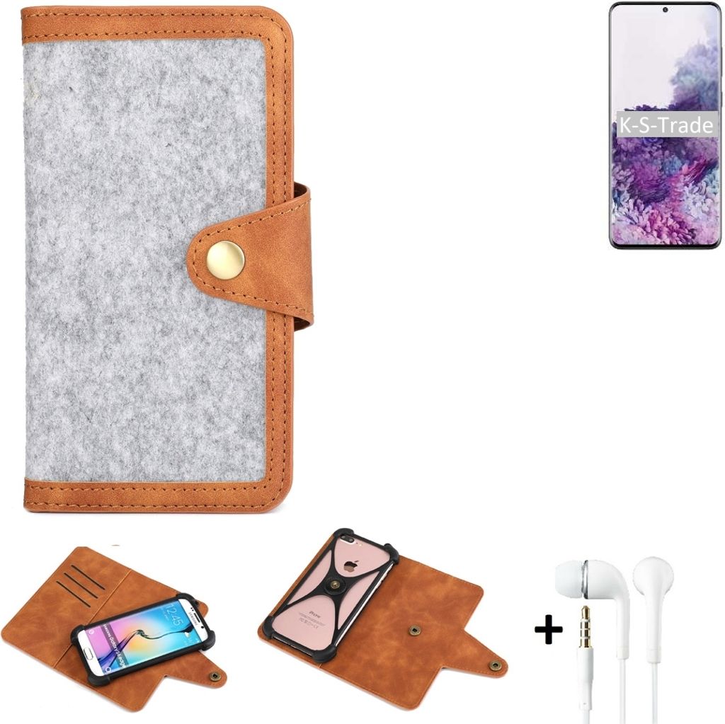 K-S-Trade Handyhülle + Kopfhörer kompatibel mit Samsung Galaxy S20 Ultra Schutzhülle Filz Hülle Kunstleder hellgrau braun (1x)