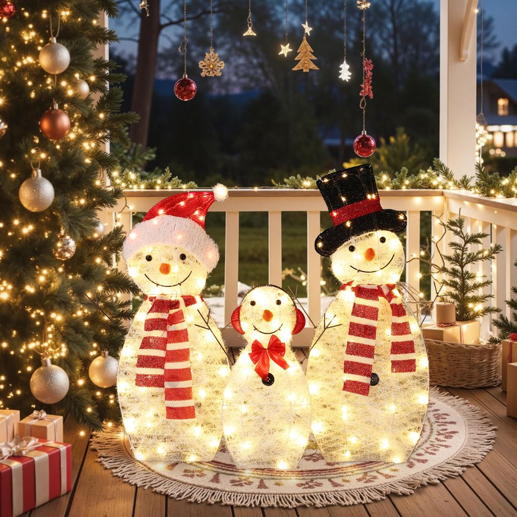 LED Schneemann Familie Weihnachtsfiguren 3er-Set, Leuchtende Weihnachtsdeko für Innen und Außen